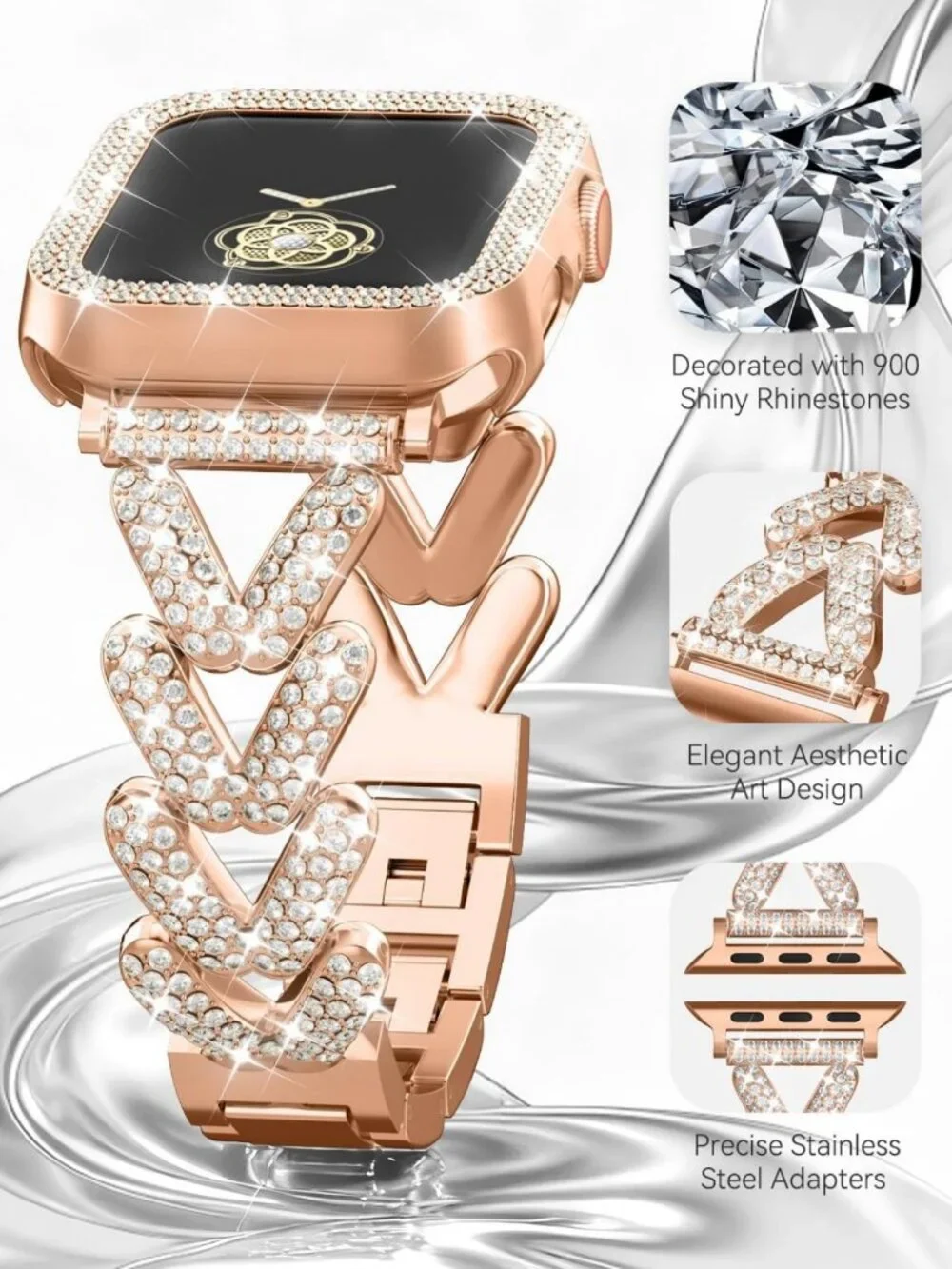 Rhinestone Metal Bracelet & Case for Apple Watch 38mm-49mm - Bling Gold Women's